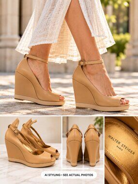 Walter Steiger Paris Nude Leather Ankle Strap Platform Wedge Heels 6.5